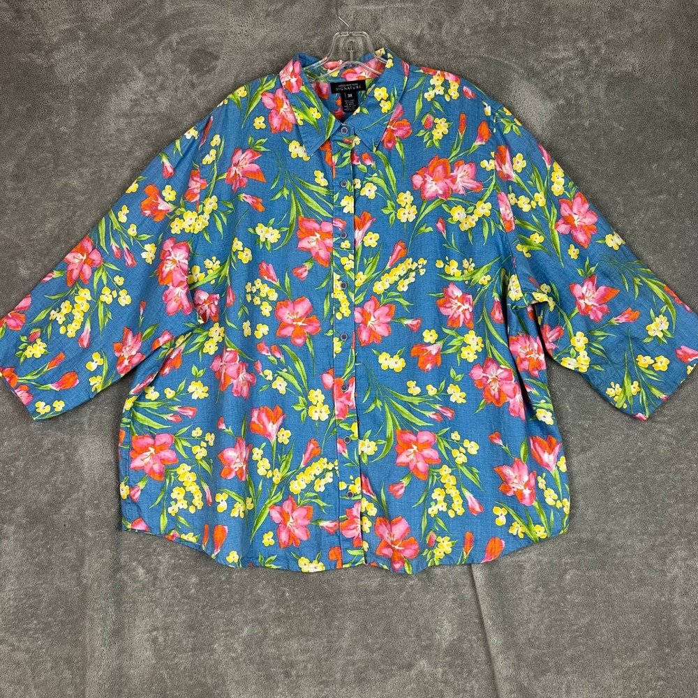 Jones‎ New York Button Down Top Womens 3X 100% Linen Floral Beachy Lightweight